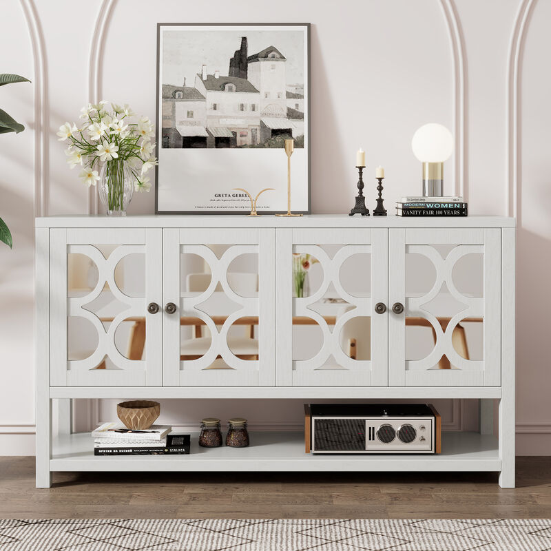 TREXM Elegant Retro Console Table/Storage Cabinet/Sideboard with Mirrored Doors, Spacious Shelves, and Durable Acacia Wood Legs - Perfect for Living Room, Dining Room, or Entryway (Antique White)