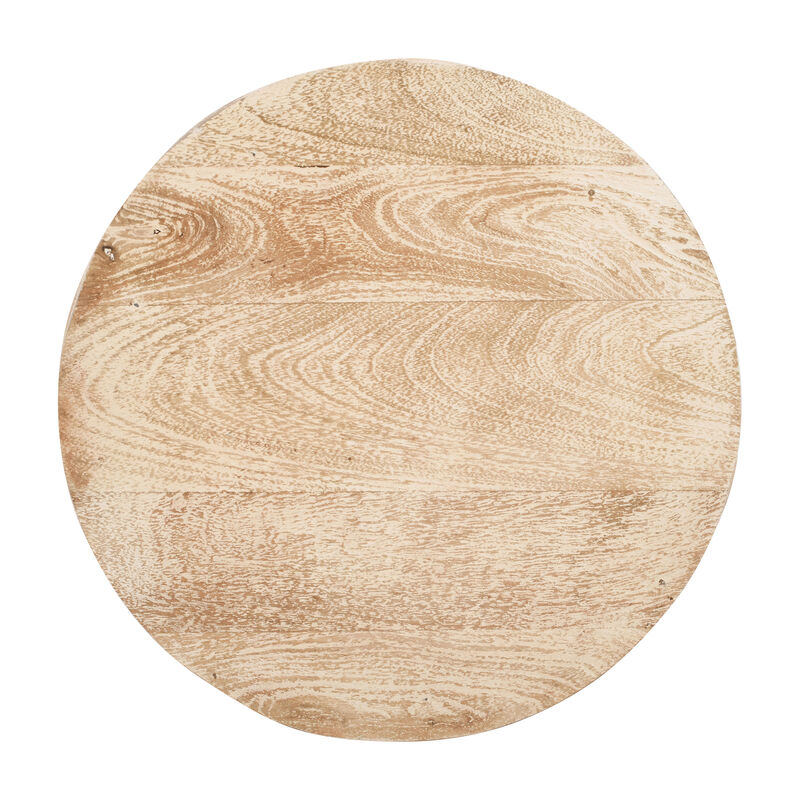 20 Inch Side End Table, Round Drum Shape with 3D Textured Design, Distressed White Finish - Benzara
