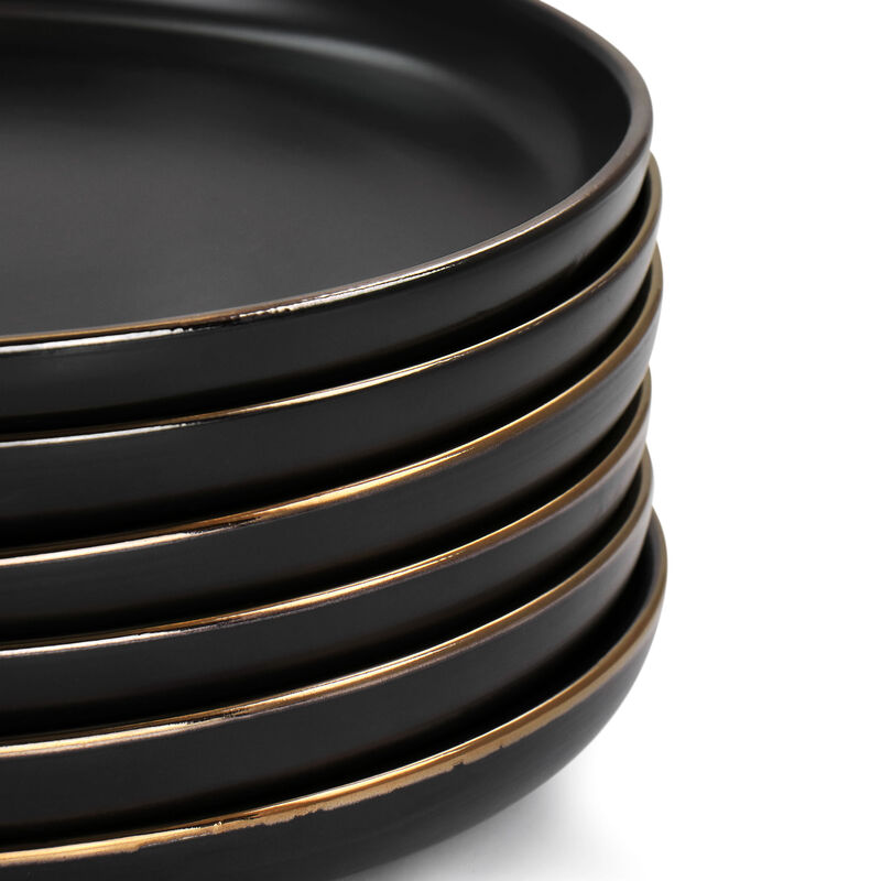 Elama Paul 6 Piece Stoneware Dinner Plate Set in Matte Black with Gold Rim