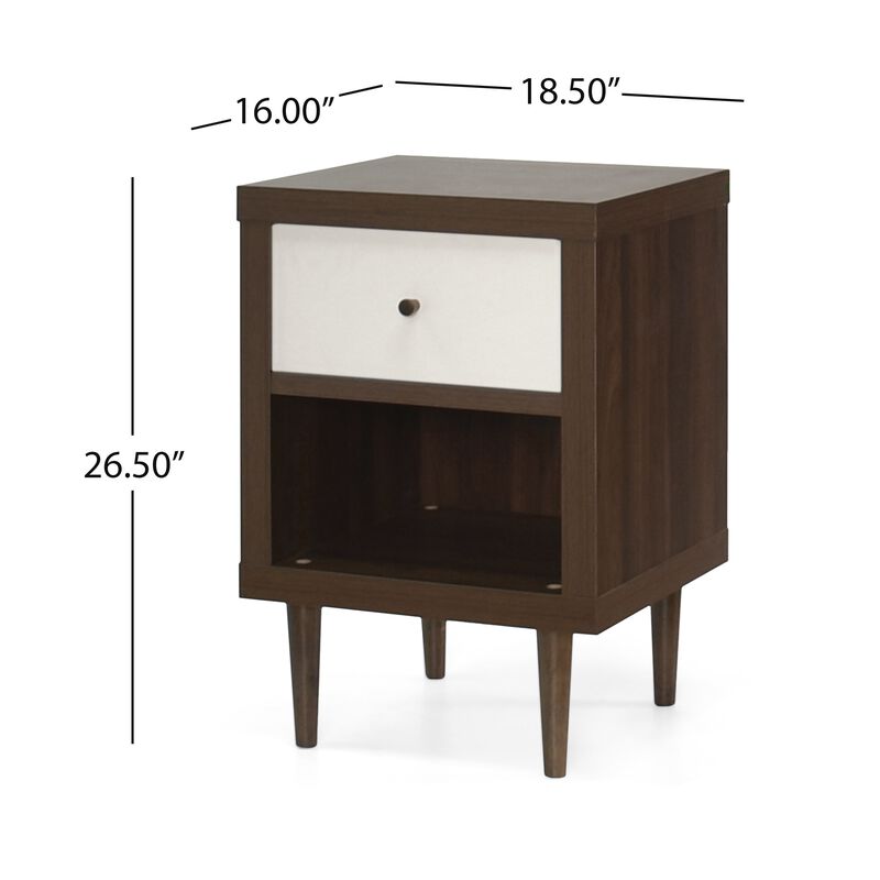 Minie Nightstand with 1 Drawer, Shelf, Modern White and Walnut Brown - Benzara