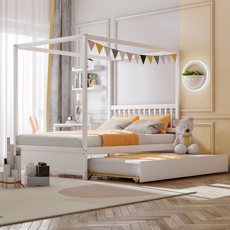 Full Size Canopy Bed with Trundle Wooden Platform Bed Frame Headboard