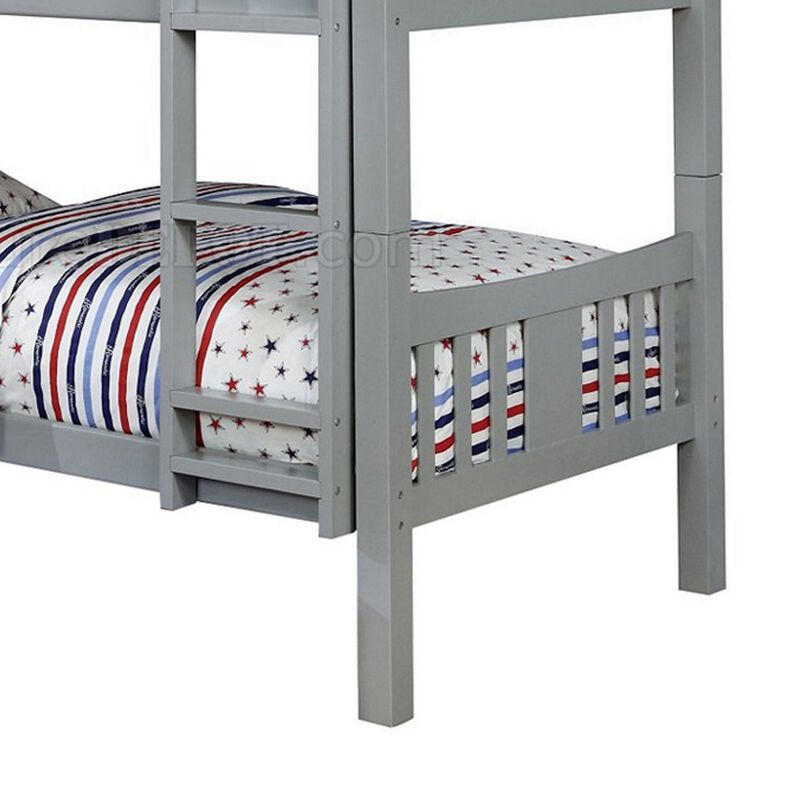 Slatted Twin Over Twin Bunk Bed with Attached Ladder, Gray-Benzara