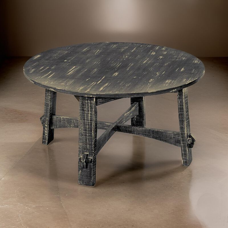 Rena Coffee Table, 36 Inch Round Top, Distressed Rustic Black Wood - Benzara