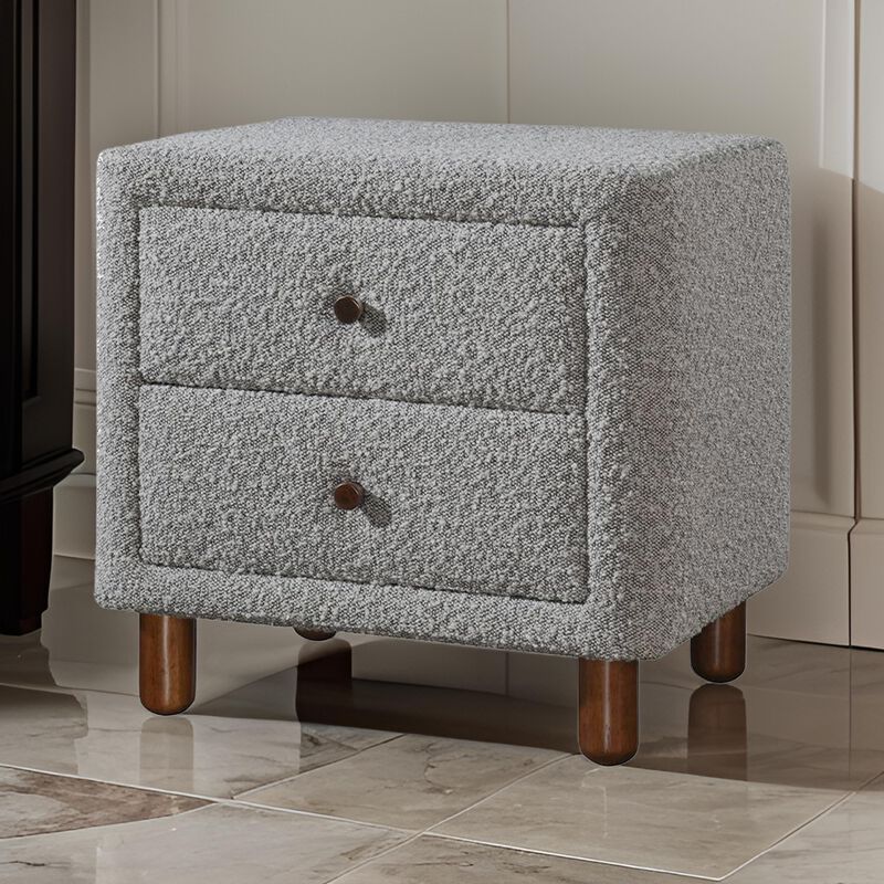 Lyno 20 Inch Nightstand, 2 Drawers, Brown Legs, Gray Boucle Upholstery - Benzara