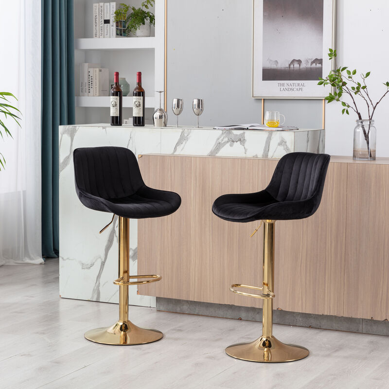 Chrome Footrest and Base Swivel Height Adjustable Mechanical Lifting Velvet + Golden Leg Simple Bar Stool, Set of 2, Black
