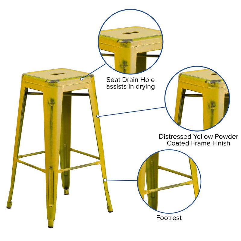 Flash Furniture Kai Commercial Grade 30" High Backless Distressed Yellow Metal Indoor-Outdoor Barstool