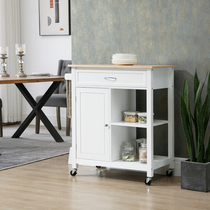 White Kitchen Helper: Rolling Island with Open Shelf & Drawer