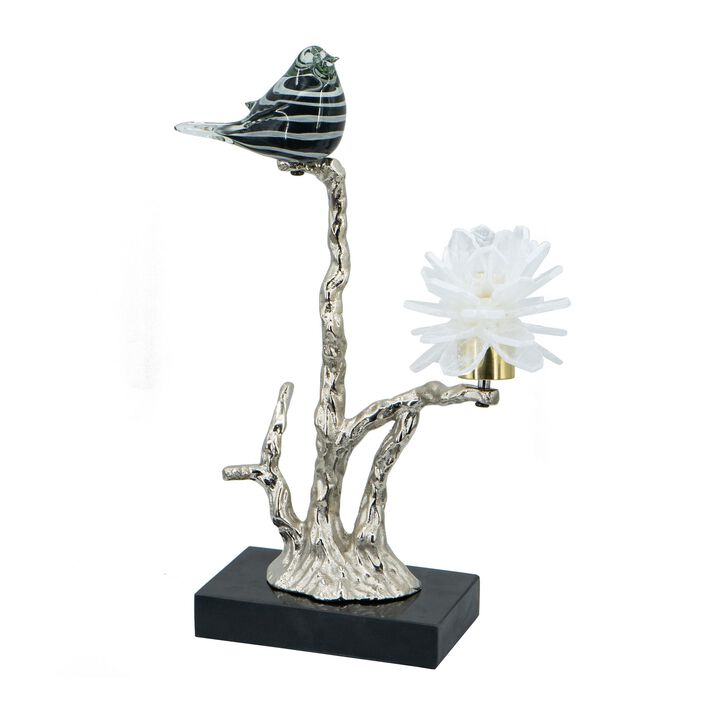 Sue 15 Inch Accent Decor Figurine, Bird on a Branch, Flower, Black, Silver - Benzara