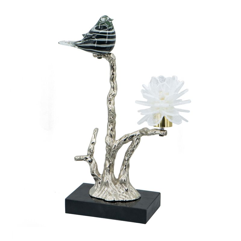 Sue 15 Inch Accent Decor Figurine, Bird on a Branch, Flower, Black, Silver - Benzara
