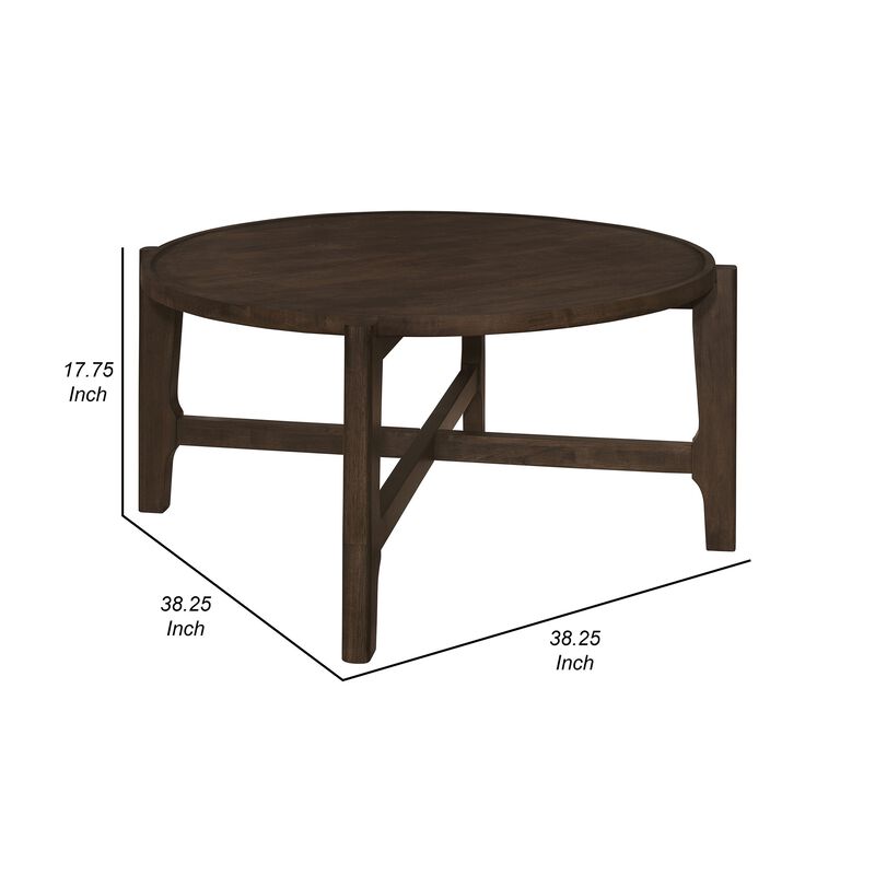Katie Coffee Table, Round 38 Inch Top, Dark Brown Wood, Cross Beam Legs - Benzara