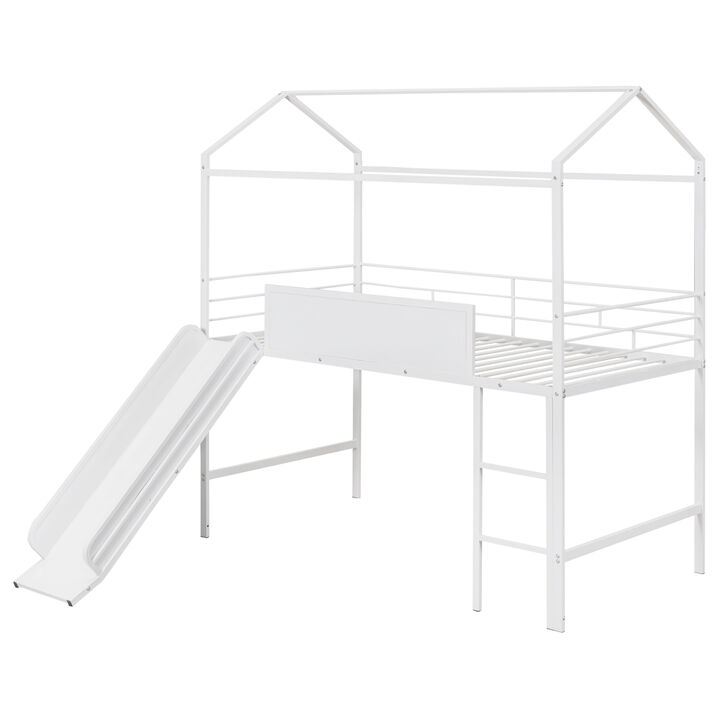 Metal House Bed With Slide, Twin Size Metal Loft Bed With Two-Sided Writable Wooden Board