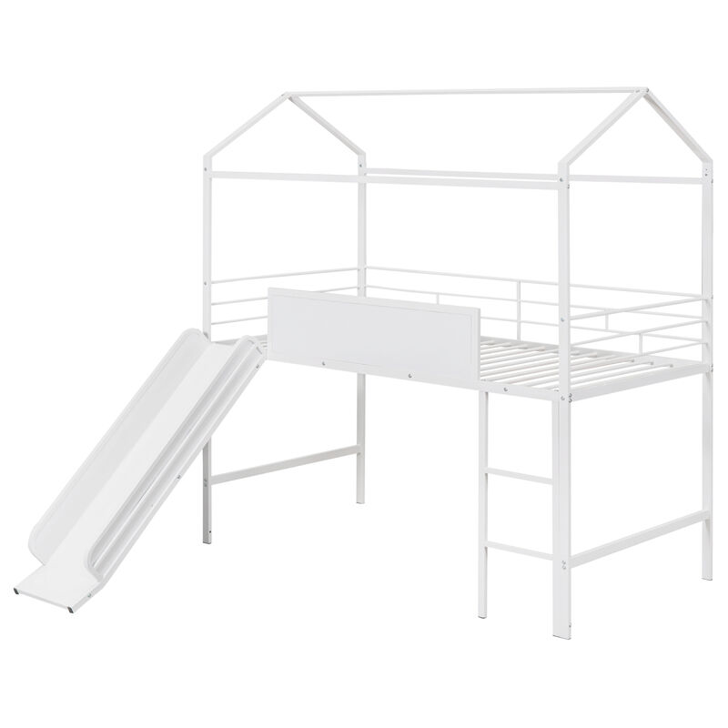 Metal House Bed With Slide, Twin Size Metal Loft Bed With Two-Sided Writable Wooden Board