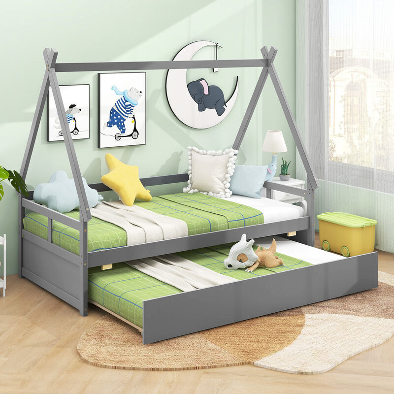 House Bed with Trundle and Safety Guardrail