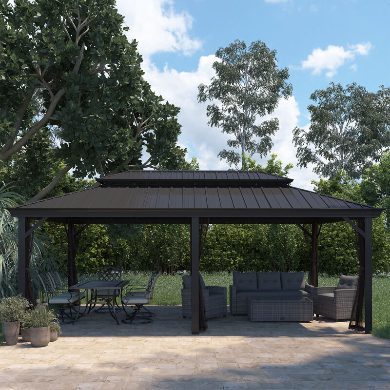 Mondawe 12 ft. x 20 ft. Outdoor Aluminum Frame Gazebo with Mosquito Netting Hardtop Canopy Shelter Iron Double Roof Pavilion