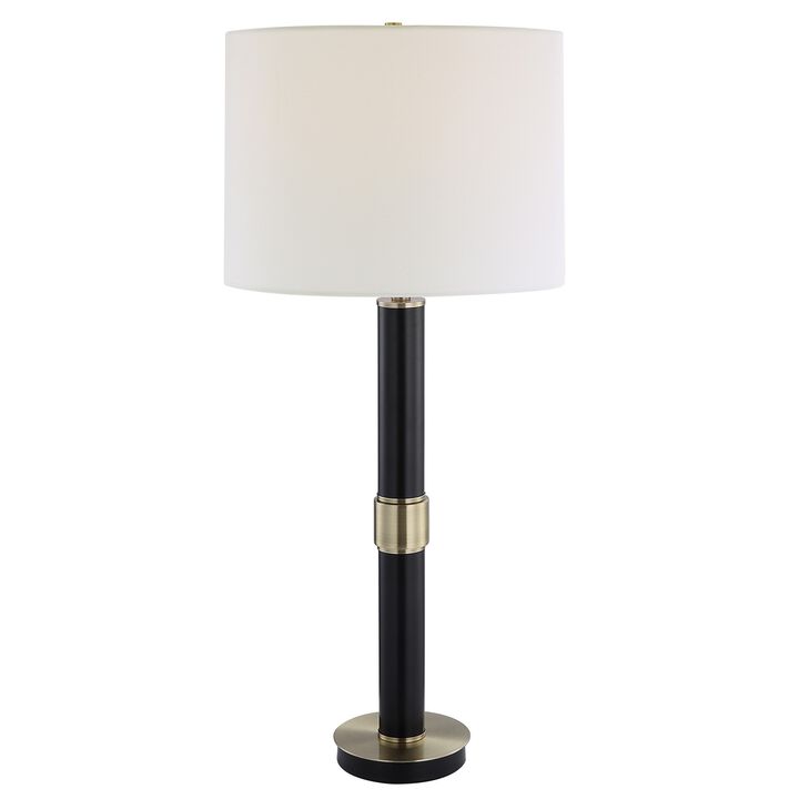 32 Inch Table Lamp, Slender Metal Body, White Drum Shade, Black, Gold - Benzara