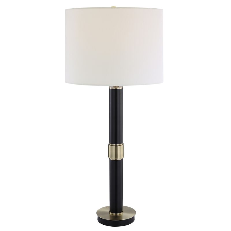 32 Inch Table Lamp, Slender Metal Body, White Drum Shade, Black, Gold - Benzara