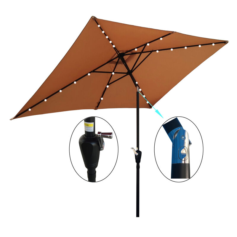 10 X 6.5FT Rectangular Patio Solar LED Lighted Outdoor Umbrellas With Crank And Push Button