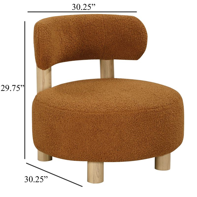 Zona Accent Chair, Barrel Back, Orange Boucle Fabric and Brown Wood - Benzara