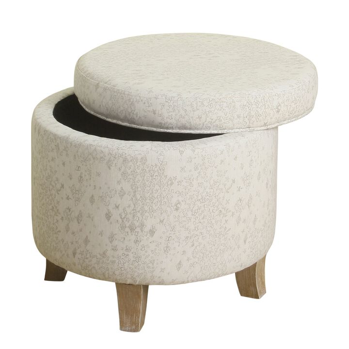 Fabric Upholstered Round Wooden Ottoman with Lift Off Lid Storage, Gray and Brown - Benzara