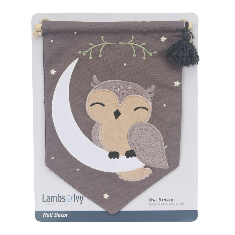 Lambs & Ivy Owl Canvas Banner Nursery Wall Art / Wall Hanging - Gray