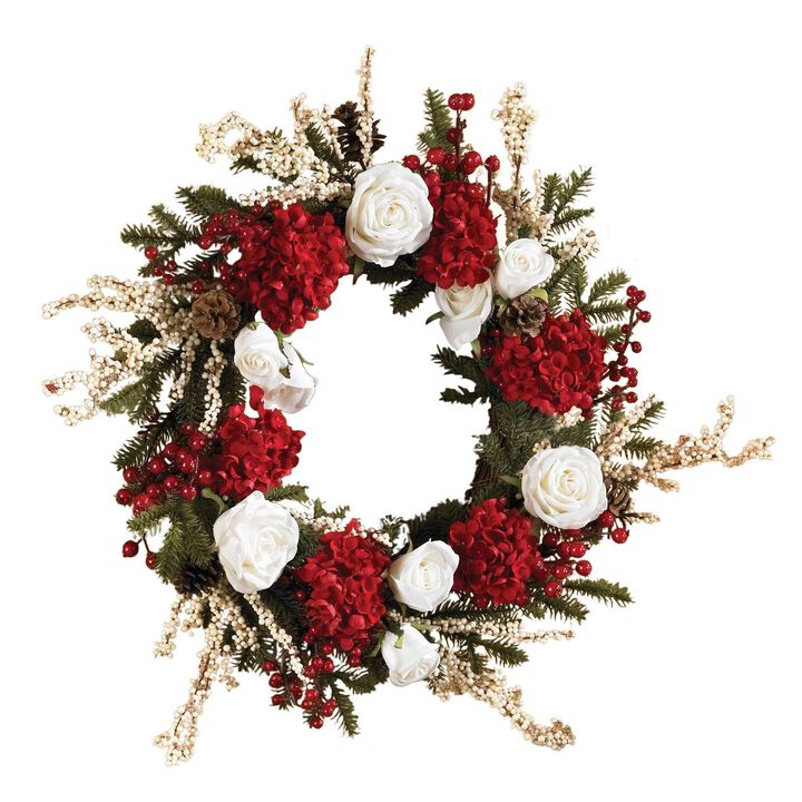 Nearly Natural 24-in Hydrangea w/White Roses wreath