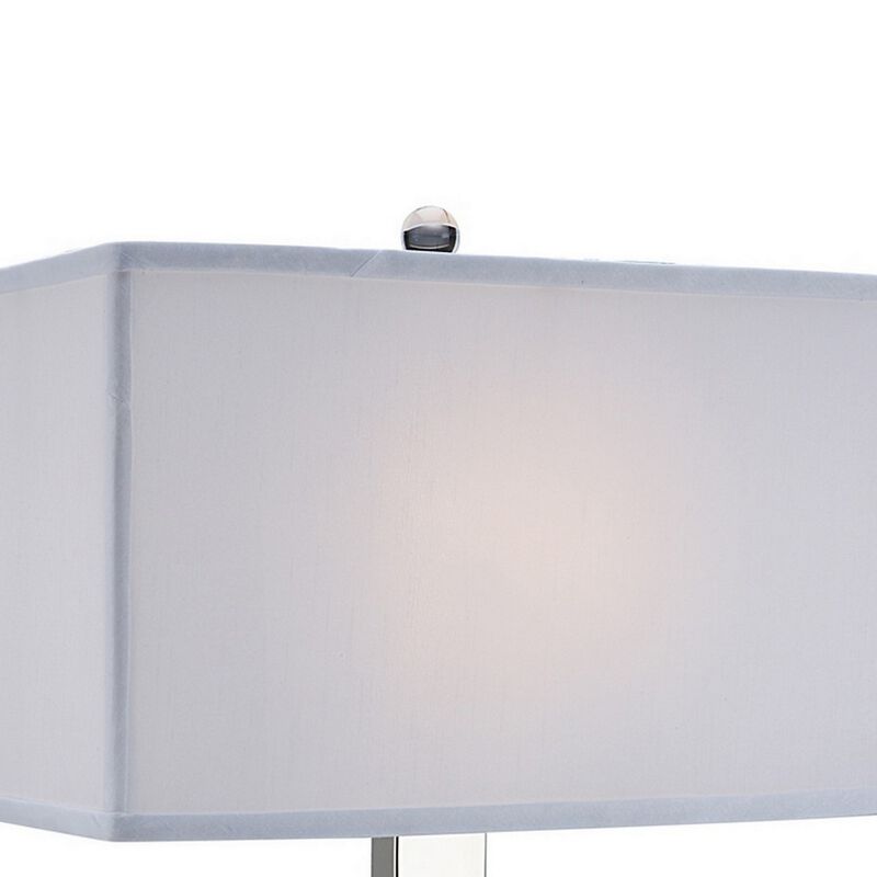 22 Inch Table Lamp, Crystal Stand, Rectangular Shade, Metal, Clear -Benzara