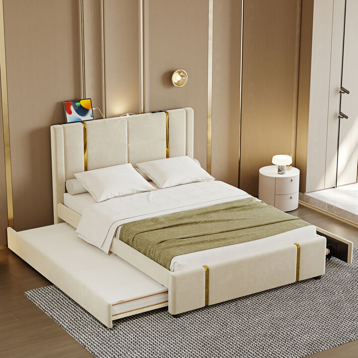 Merax PU Upholstered Platform Bed with Trundle