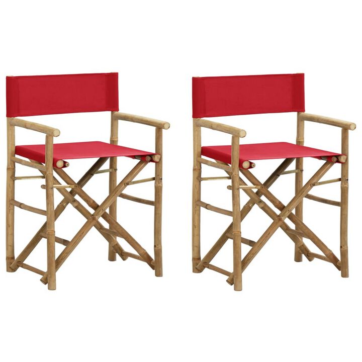 Outdoor Foldable Accent Chair Set of 2, Red Fabric, Brown Bamboo - Benzara