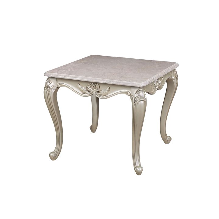 Kerra Side End Table, Beige Marble, Classic Carved Champagne 28 Inch - Benzara