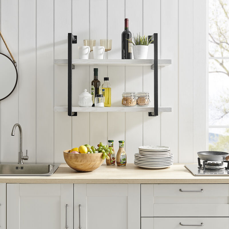 Modern 2-Tier Hanging Bracket Wall Shelves in Black Metal and White Birch Finish