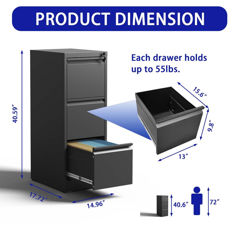 3 Drawer Metal Vertical File Cabinet with Lock Office Home Steel Vertical File Cabinet