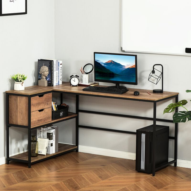 Brown Corner Workstation: L-Shaped Desk with Storage and Drawer