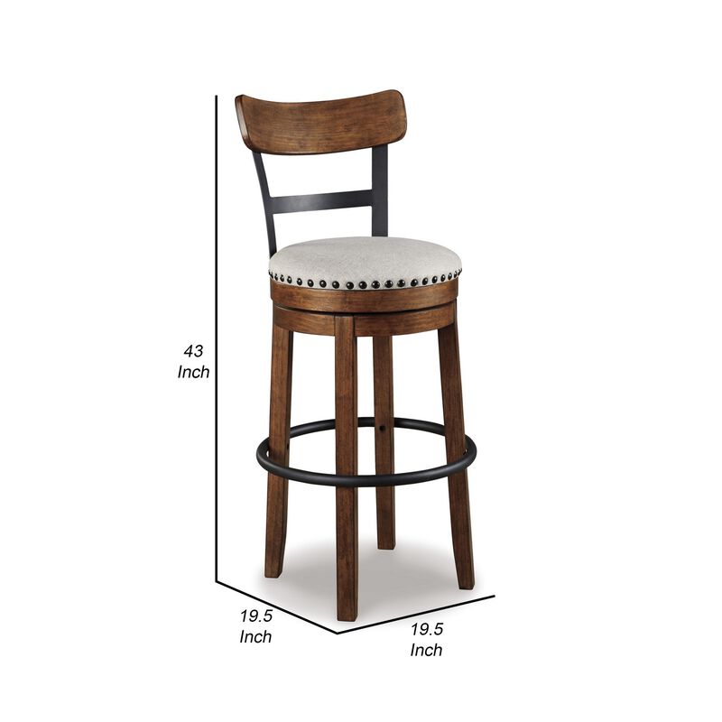 Zane 30 Inch Swivel Barstool, Round Cushioned Seat, Rich Brown Wood Frame-Benzara
