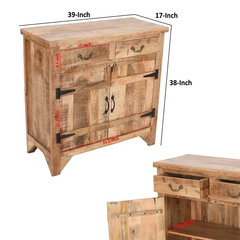 39 Inch Artisanal Farmhouse Style 2 Drawer Mango Wood Cabinet Console with 2 Door Storage, Rustic Brown - Benzara