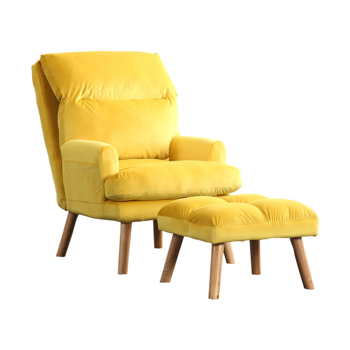 Nina 28 Inch 2 Piece Accent Chair and Ottoman Set, Splayed Legs, Yellow -Benzara