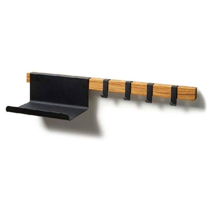 Modern Oak Wood Clothing Rack - Entryway Coat Rack with Black Metal Hooks and Key Tray