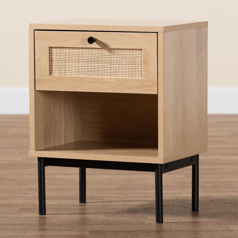 Baxton Studio Sherwin  Light Brown and Black 1 Drawer End Table with Woven Rattan Accent