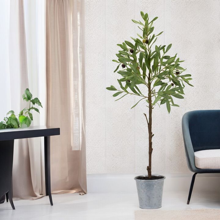 31.5" Olive Leaf Silk Tree with Tin Pot for Stylish Indoor Décor and Greenery