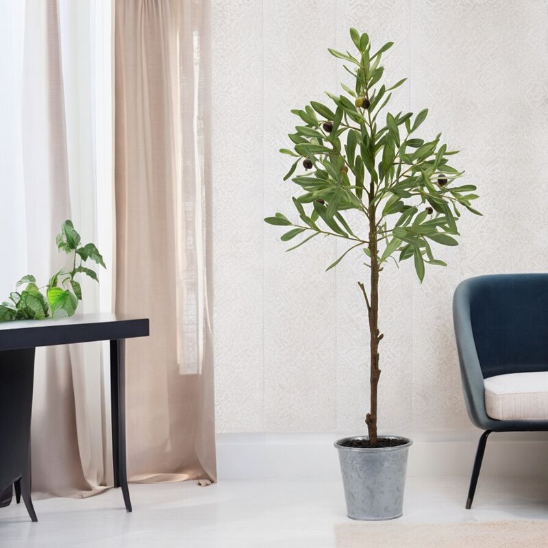 31.5" Olive Leaf Silk Tree with Tin Pot for Stylish Indoor Décor and Greenery