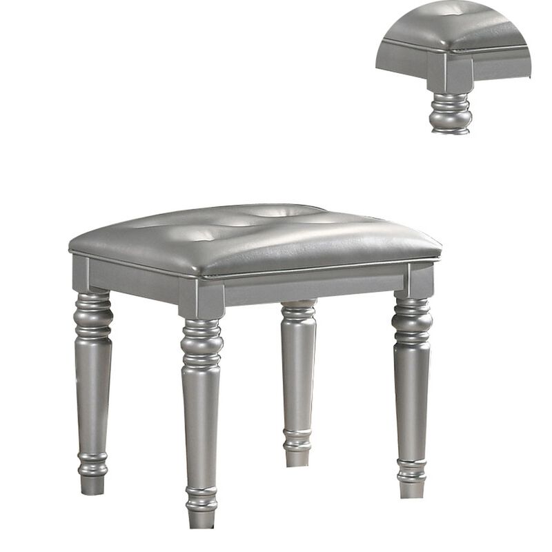 Kya 20 Inch Vanity Stool with Tufted Vegan Faux Leather Seat, Glam Silver-Benzara