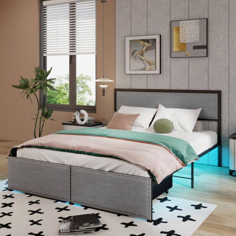 Hivvago Bed Frame with LED Lights Drawer and Metal Slats