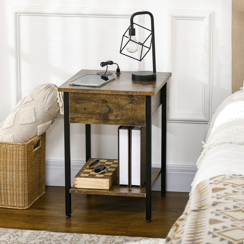 End Table with Wireless Charging Station, 2 USB Ports, Rustic Brown