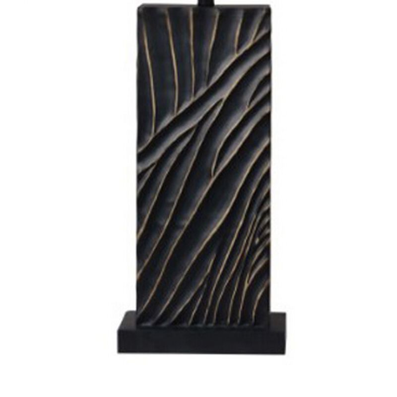 Len Table Lamp, White Rectangular Shade, Unique Lined Design Black Pedestal - Benzara