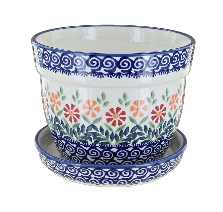 Blue Rose Polish Pottery Red Daisy Large Flower Pot