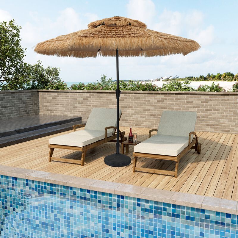 Mondawe 10 ft Hawaiian Crank Design 2 Tier Straw Patio Umbrella with LED Light & Round Based