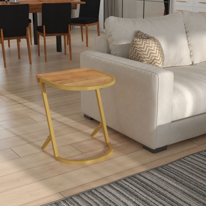 17 Inch Side End C Table, Natural Mango Wood Top with Drop Edge, Iron Gold Angled Frame - Benzara