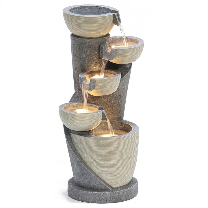 LuxenHome Gray Cascading Bowls and Column Resin Outdoor Fountain with LED Lights