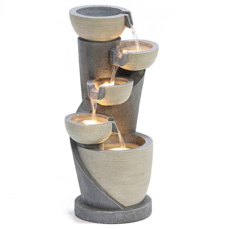 LuxenHome Gray Cascading Bowls and Column Resin Outdoor Fountain with LED Lights