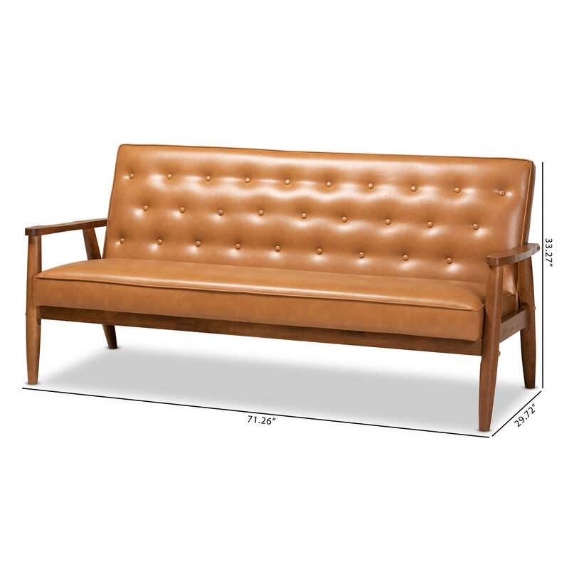 Baxton Studio Sorrento Mid Century Tan Faux Leather Upholstered Wood Sofa