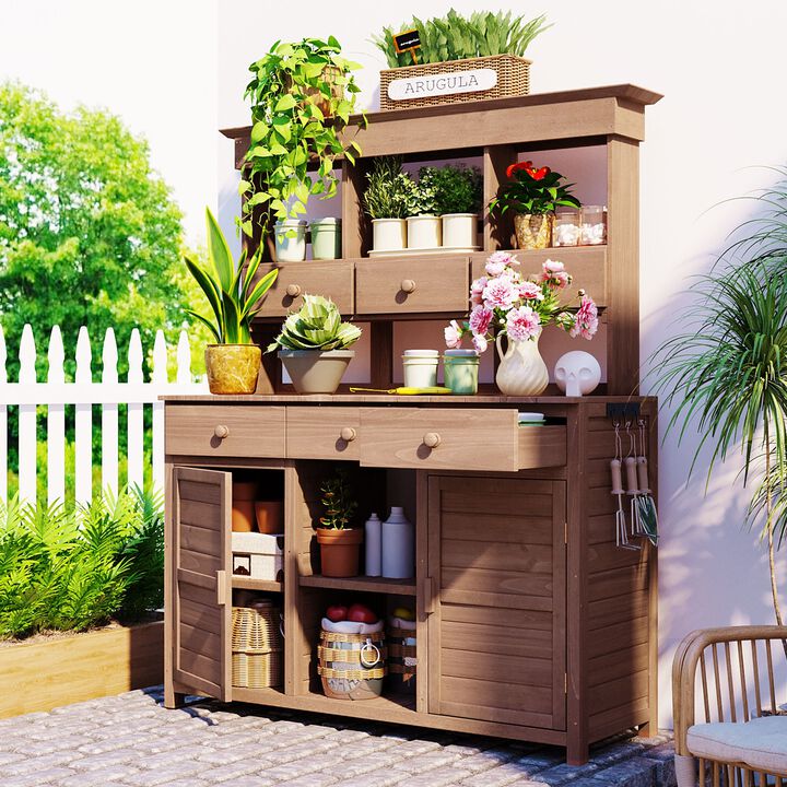 Mondawe 65.7" H Outdoor Garden Potting Workbench,Fir Wood Bench Table With Vertical Storage Shelf